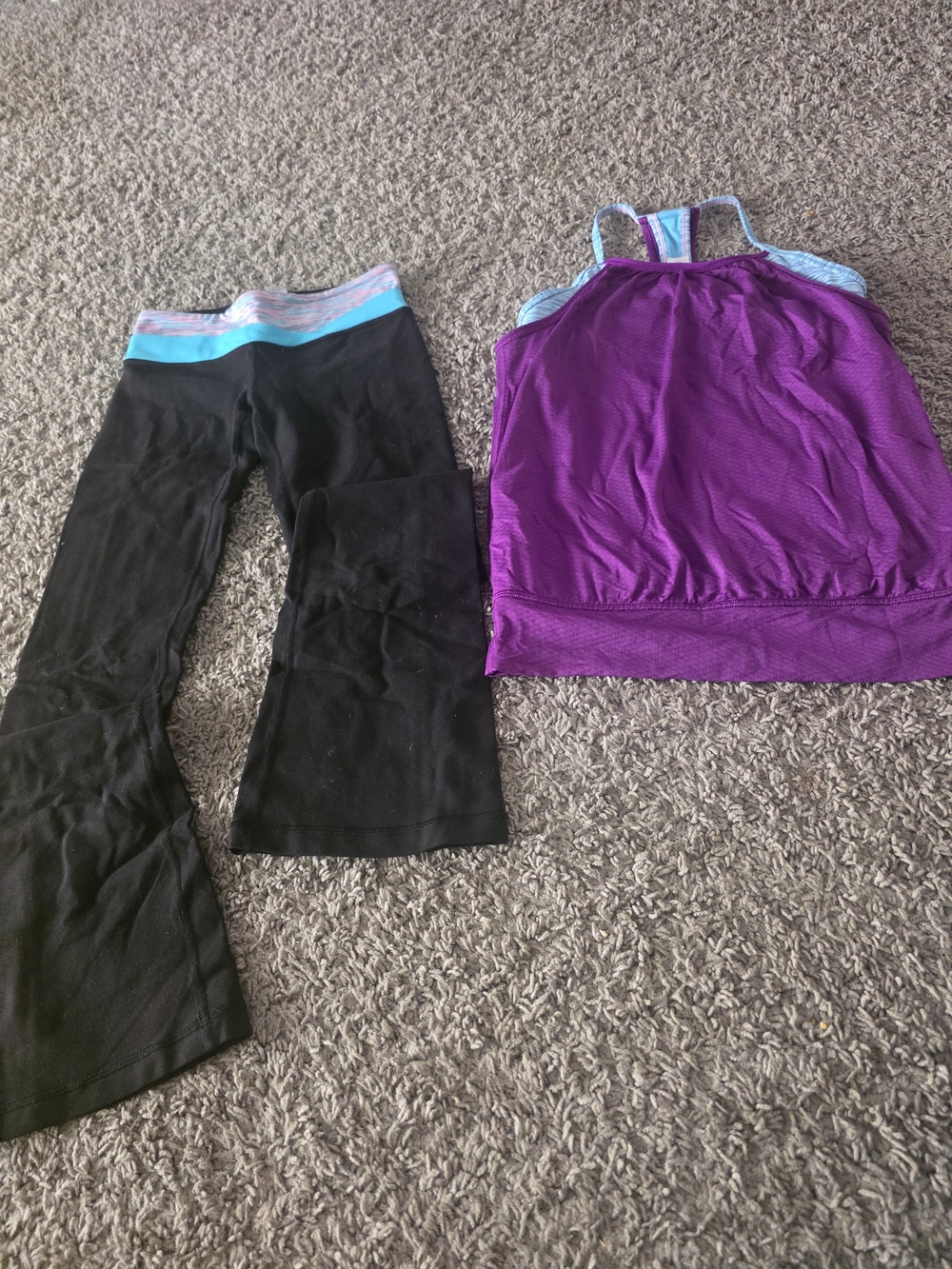 Ivivva Purple Tank with Black Leggings and Aqua Waistband